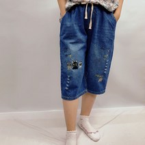 자수 고양이 6부 통일자 아줌마 밴딩 편한 엄마 미시 데일리 청바지