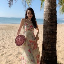 YAPOGI 비치 스커트 여 여름 여행 포토 의류 빈티지 초선 플라워 롱 스커트 바캉스 오프닝 나시 원피스