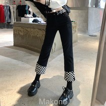 Makone여성용 청바지 슬림 청바지 큰 청바지아메리칸 체스 패치 하이웨이스트 데님 팬츠 여성복 2022년 마른 키 스트레이트 9부 팬츠