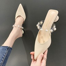 진주 포인트 블로퍼 뮬 앞코 반슬리퍼 미들 힐