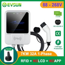 전기차 이동형 충전기 EVSUN EV 충전 스테이션 32A 전기 자동차 차량용 EVSE Wallbox Wallmount 71121KW Type2 케이블 IEC62196 APP 제어, 3.21KW NOApp RFID LCD