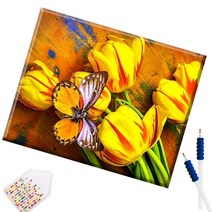 SHEXIU 3D 원형 보석십자수 캔버스액자 DIY 키트 50 x 40 cm, SX116  나비와 튤립x1세트
