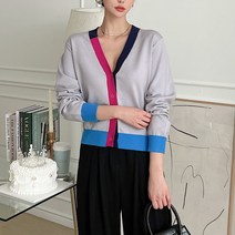 뜨개진 여성용 비스코스 배색 라미페 가디건