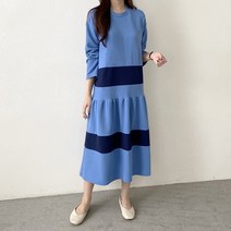 여자 이지웨어 데일리 심플 투톤 배색 주름 롱원피스