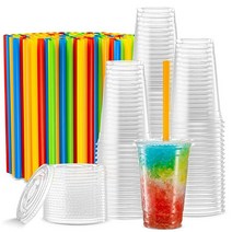 40세트 355ml(12온스) 아이스 커피 차가운 음료 밀크쉐이크 슬러시 컵 스무디 슬러피 파티 플라스틱 일회용 컵용 평평한 뚜껑 및 빨대가 있는 크리스탈 투명 PET, 24.0 ounces