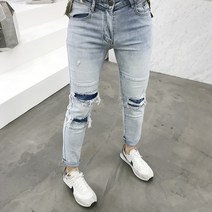 용된다 남자 연청 스판 워싱 데미지 데님 청바지