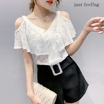 just feel!ng 여성 글래머 펀칭 레이스 브이넥 반팔 티셔츠 반팔티 프릴 오픈숄더 시스룩 데일리룩