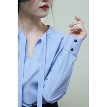 봄여름 리본장식여성 블루셔츠 넥 리본 포인트 출근룩