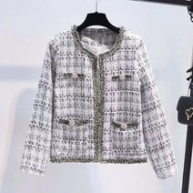 트위드 자켓 하객룩 글리터 수술디테일 빈티지 트위드 격자 무늬 짧은 코트 크롭 재킷 탑