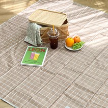 루루홈 210데니아 옥스포드 천 방수 피크닉 매트, 베이지 체크 라인