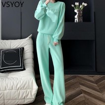 vsyoy 2023 이른 봄 여성 의류 편지 인쇄 스포츠 캐주얼 패션 세련된 연령 감소 플러스 땀 넓은 다리 바지 투피스 정장 여성
