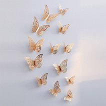 캠핑카스티커 카라반스티커 자동차튜닝스티커 12 개대 중공 3d 나비 벽 스티커 웨딩 장식 거실 창 홈 장식 골드 실버 나비 데칼, 샴페인 골드 c