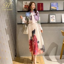 블라우스쇼핑몰 봄블라우스 H 한 여왕 뜨거운 판매 봄 여성 캐주얼 2 조각 세트 레이스 업 보우 블라우스 + 패션 Pleated 치마 간단한 스커트 정장