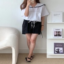 코지 여자 세라 배색카라 밑단 스트랩 크롭 블라우스