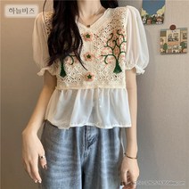 블라우스 반팔 상의 여름 자수 쇼트 셔츠 뉴타임즈 C25 Y633M810