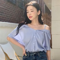 디작소 여성 여름 메치 오프숄더 카라 반팔 블라우스