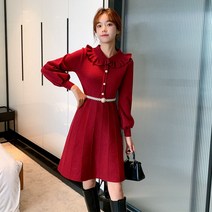 Mao진짜 총 가을과 겨울 프랑스어 달콤한 인형 칼라 슬리밍 니트 드레스 중간 길이 스웨터 랜턴 치마