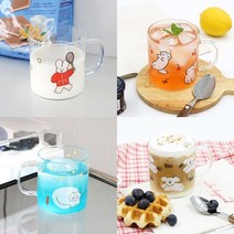 홈카페유리컵 6종 손잡이형 내열 유리컵 선물 일러스트 캐릭터 고양이 토끼 곰 강아지, 테니스 버니