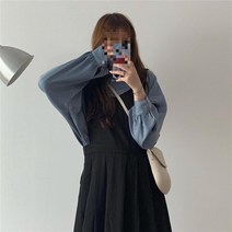 멜빵치마녀 가을 정장 학원풍 루즈핏 블라우스+롱 블랙 원피스 투피스