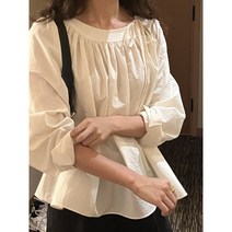 여성 코튼 셔링 리본끈 블라우스