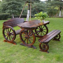 벤치 야외 테이블 의자 카페 루프탑 원목 세트, 1.2m 바퀴 1 테이블 2 의자