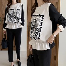 [여시몰5395국내제작]음표 프린트 셔링 밴드 블라우스/가을신상 배색 허리 끈조절 오피스 정장