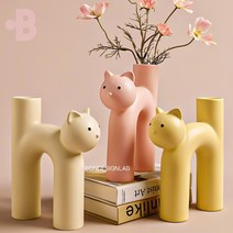 본디자인랩 오브제 세라믹 화병 도자기 고양이 꽃병 인테리어, 크리미냥 고양이 화병 - 옐로우