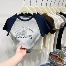 실제 가격 미국 복고풍 어깨 삽입 짧은 소매 티셔츠 여성 여름 디자인 느낌 틈새 인쇄 짧은 높은 허리 재킷