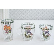 언더락 유리잔 손잡이 꽃무늬 음료컵 카페유리컵 투명물컵 쥬스컵 투명물잔 주스잔 카페유리잔 예쁜, 소 언더락