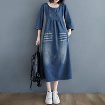 도니와 여성 라운드넥 7부소매 데님원피스 워싱데님 제콘ZA16