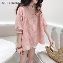 JUST FEEL!NG 여성 큐티 카라넥 블라우스 셔츠 루즈핏 남방 면마 봄여름 팬션 여성상의 빅사이즈 S-2XL