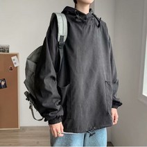블랙 남자 바람막이 루즈 후드