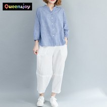 퀸앤조이 잔체크 랜턴소매 노카라 여름 셔츠