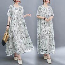 중년 여성 빅사이즈 여름 라운드넥 루즈핏 홈웨어 프린트 반팔 데일리 롱 원피스