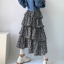 팡팡[러블리/살랑살랑] 데일리 4단 캉캉 롱 플라워 데일리 밴딩 치마 스커트