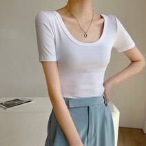 16컬러 U넥라인 골지 반팔 티셔츠 기본티 이너티 캐주얼 무지티 코디룩 레이어드 데일리 슬림핏 스퀘어넥