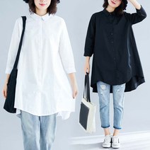 [오름새음상회]은창]베이직 와이드 A라인 7부 셔츠 블라우스 루즈핏 빅사이즈 오픈카라 화이트 브이넥 검정