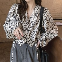 JTcorp. 레오파드 크롭 가을여성블라우스 블라우스 패턴 하객블라우스 허리스트링 셔링 루즈핏