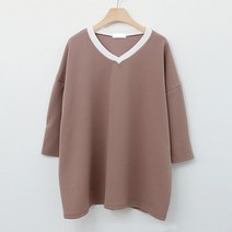 빅걸스토리 여성 빅사이즈 배색 겹브이 심플 캐주얼 데일리 티셔츠