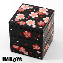일본[HAKOYA]사쿠라 3단 사각찬합(파티형/L)/라지형 찬합/일본 전통 마사에 기법 사용/전통공예품, 사쿠라-180블랙, 1개