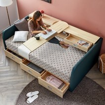 조타2 수납 싱글 침대, 카키+컴포트 매트리스
