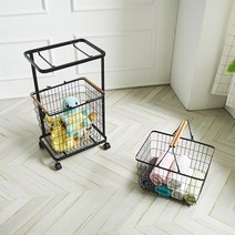 [채우리] 디어멀티 대형 스틸 2단 이동식 빨래바구니, 블랙