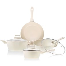 IH爐適用鍋具組, 1組, 乳白色, 單柄湯鍋+雙耳湯鍋+平底鍋+炒鍋+玻璃鍋蓋
