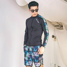 FUNHAN COUPLE 男款拉鍊印花防曬游泳長袖上衣+短褲套裝 AE4209