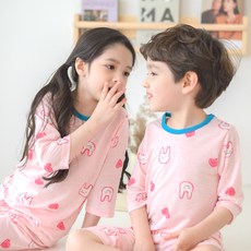 bonumam 兒童款愛心兔子7分人造絲單人居家服上下套裝
