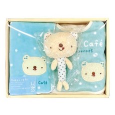 Anano Cafe 寶寶禮盒3件組 藍色, 嬰兒禮品套裝，包含玩偶、圍兜和手帕, 1入