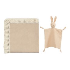 Kori Deer 可莉鹿 月禮盒組, 純色流蘇嬰兒萬用包巾 + 安撫巾 Set, 包巾100 x 120cm + 安撫巾28 x 28cm, 蜜粉兔
