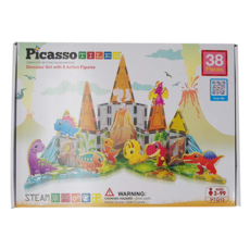PicassoTiles 畢卡索 彩繪磁力片積木恐龍套裝，附8個活動人偶，38塊, 恐龍, 1組