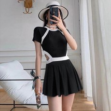 女生挖背泳衣 短袖連體褲裙泳衣套裝, 挖背設計, 短袖, 連體褲裙, 鋼圈, 有襯墊, 卡扣穿脫, 裙襬自由拆卸, XL碼, 黑色挖背, 1件
