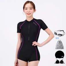 아쿠아티카 여성용 반팔 원피스 2부 수영복 AQA27513 + 선수용 수경 6종 세트